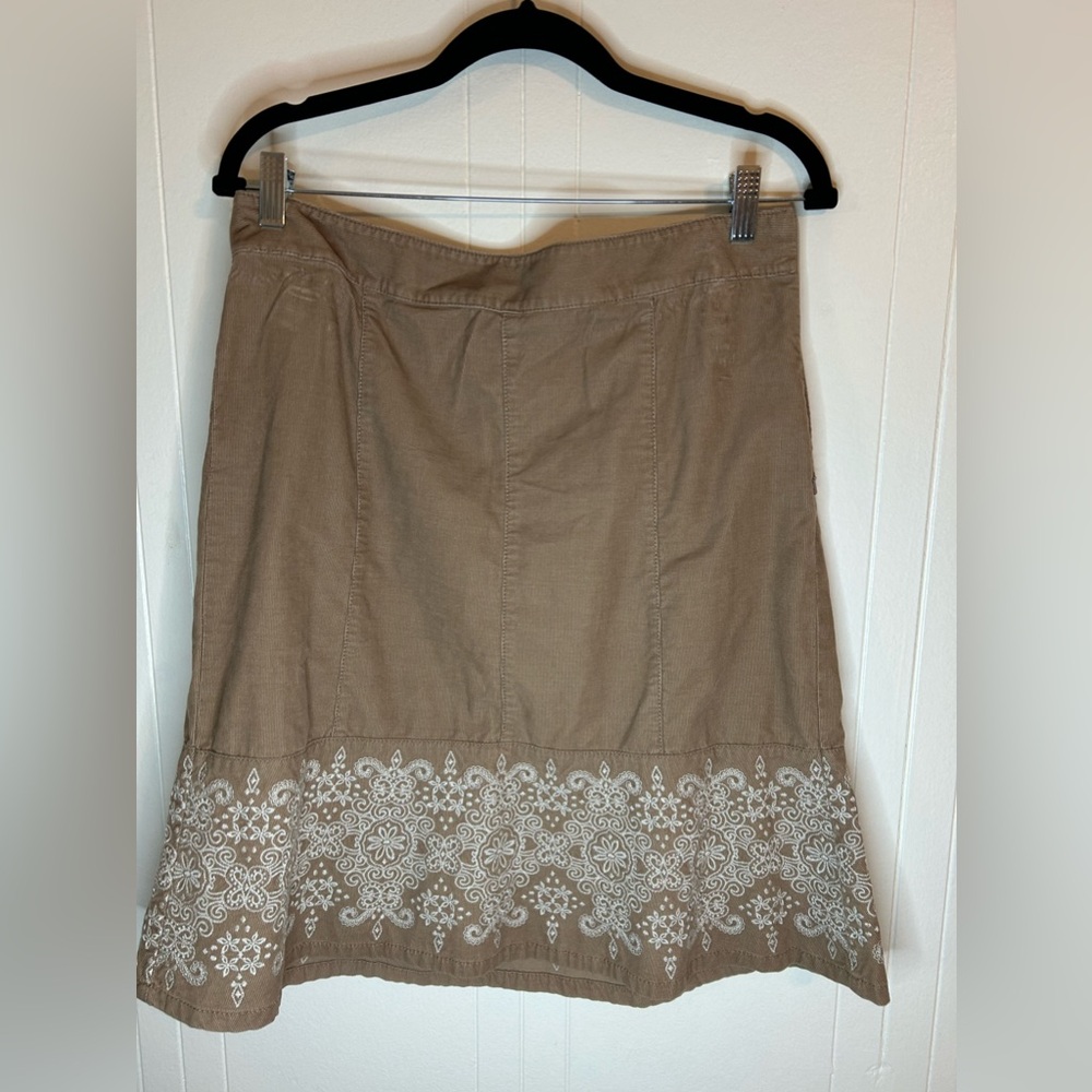 Ann Taylor Women 8 Tan Cotton Embroidered Velvet A-Line Knee Length Boho Skirt